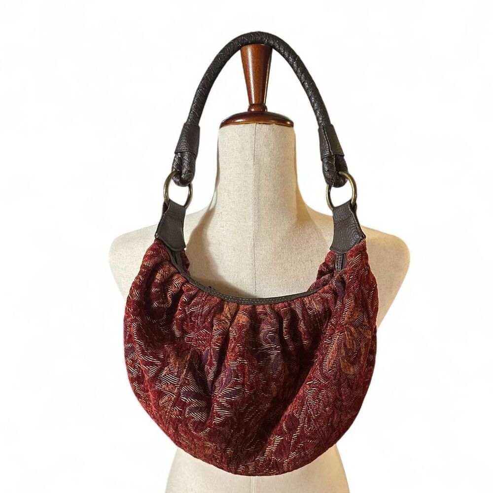 90s Floral Autumnal Slouchy Tapestry Bag with Braided Leather Strap